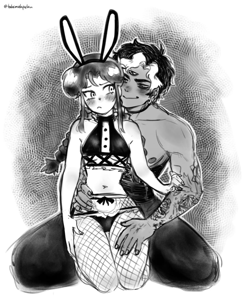 1boy 1girls 3_eyes black_and_white braid bunny_ears corset dark-skinned_male earrings fishnets hip_grab julia_lazarrett larger_male light-skinned_female lingerie marionetta multi_eye sahed size_difference tanned tattoo thigh_grab todosmelapelan