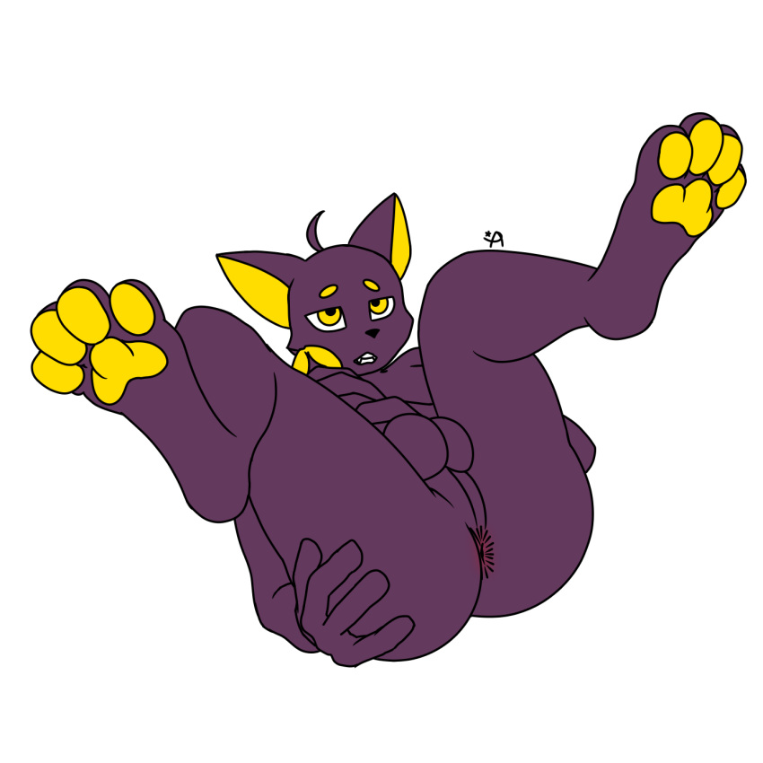 1boy 4_fingers anus astralstar balls black_eyes canine cock dick domestic_dog feet furry grabbing_own_ass grabbing_penis looking_up male male_only on_back on_floor pawpads paws penis purple_body purple_ears purple_fur purple_penis solo spreading spreading_ass spreading_legs teeth testicles yellow_ears yellow_eyes yellow_inner_ear yellow_penis