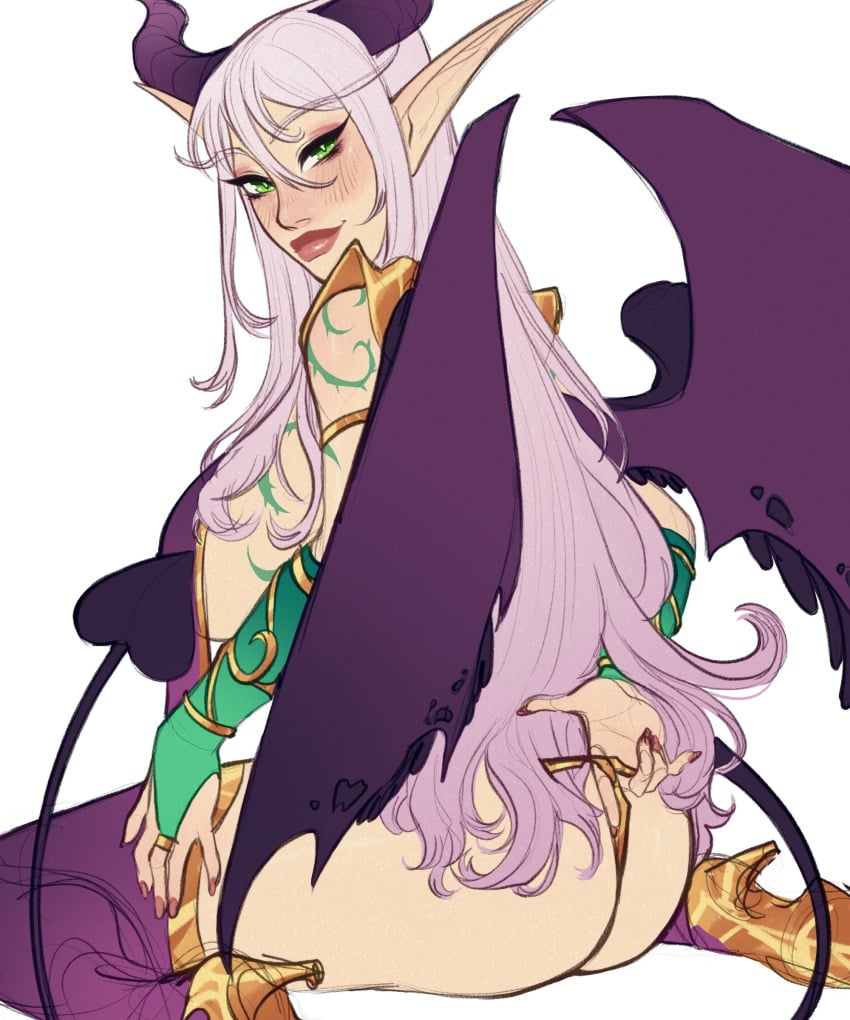 1girls big_ass big_breasts blizzard_entertainment blood_elf blush demon_hunter green_eyes horns ixtab_felfall light-skinned_female light_skin milkcubus original_character solo thick_thighs thighhighs warcraft white_hair world_of_warcraft