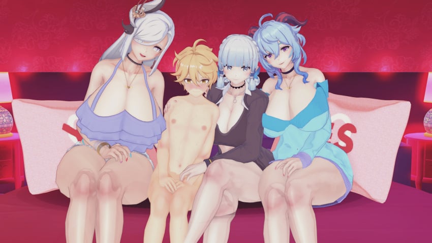 1boy 3d 3girls aether_(genshin_impact) before_sex big_breasts fat_ass female foursome ganyu_(genshin_impact) genshin_impact happy_female horny imminent_sex kamisato_ayaka koikatsu long_hair male mihoyo multiple_girls shenhe_(genshin_impact) sitting smile straight taller_girl thick_thighs yes-no_pillow