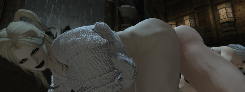 ass ass_to_ass ass_up black_lipstick blonde_hair cleavage dildo_in_pussy double_dildo eyeshadow final_fantasy final_fantasy_xiv garlean highlander hooker legs lesbian_sex makeup nude nude_female pale-skinned_female partially_clothed prostitution roegadyn roleplay thighs white_hair white_skin yuri