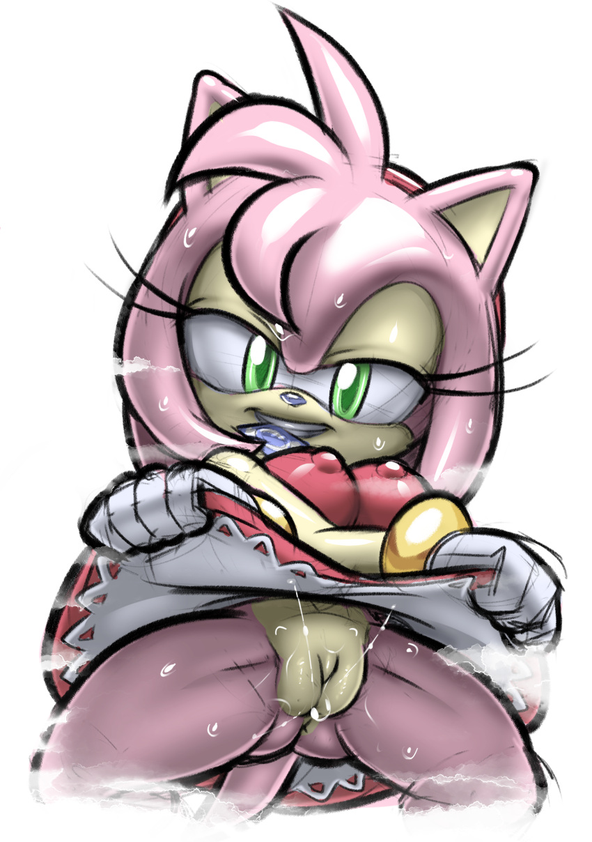 2023 amy_rose anthro bodily_fluids bottomless breasts clothed clothing dress erect_nipples eulipotyphlan female genital_fluids genitals gloves green_eyes hair handwear hedgehog hi_res hotred is_(artist) mammal multicolored_body nipple_outline nipples pink_body pink_hair plump_labia pussy pussy_juice sega servedasis smile solo sonic_(series) sonic_the_hedgehog_(series) sweat sweaty_legs sweaty_thighs tan_body two_tone_body