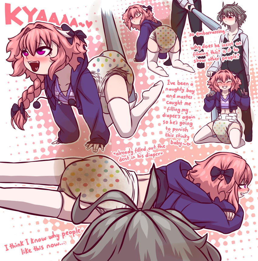 2boys astolfo_(fate) baseball_bat dialogue diaper fate_(series) femboy filming girly male messy_diaper orgasm pleasure_face punishment punishment_spanking scat sieg_(fate/apocrypha) soiling soiling_diaper spanking spanking_ass stockings thighhighs uuushi wet_diaper