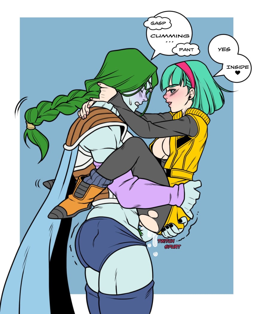 blue_skin blush braid braided_hair bulma_briefs bulma_briefs_(frieza_saga) carrying_partner cum cum_in_pussy cum_inside dialogue dragon_ball dragon_ball_z female green_hair penis plumlewds torn_clothes zarbon