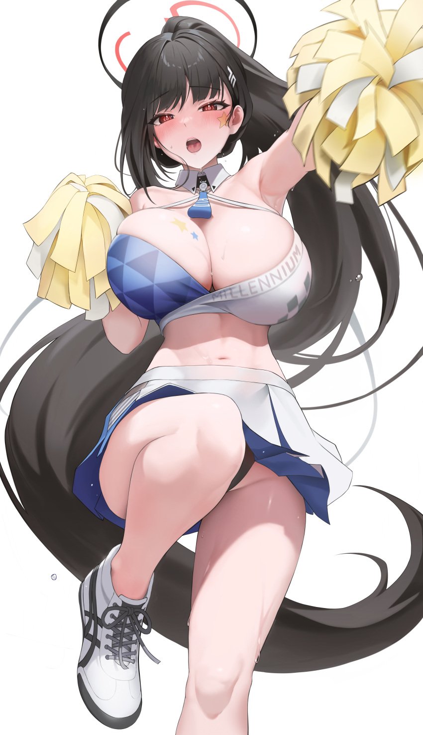 1girls absurdres armpits artist_request black_hair blue_archive blunt_bangs blush breasts cheering cheerleader cheerleading cleavage cosplay crop_top facial_mark female hair_ornament hairclip halo heavy_breathing hibiki_(cheerleader)_(blue_archive)_(cosplay) highres holding holding_pom_poms huge_breasts long_hair looking_at_viewer midriff millennium_cheerleader_outfit_(blue_archive) millennium_science_school_student navel open_mouth panties panty_peek pom_pom_(cheerleading) pom_poms red_eyes rio_(blue_archive) rkin shoes skirt sneakers solo sports_bra star_(symbol) star_facial_mark star_marking star_sticker star_tattoo sticker_on_face stomach sweat sweaty tagme_(artist) tattoo text_print thick_thighs thighs two-tone_skirt underwear upskirt very_long_hair white_background white_skirt