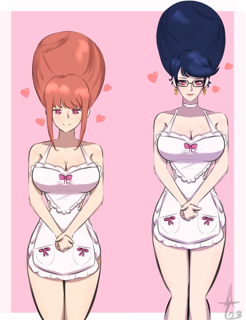 2girls absurdres apron bangs bayonetta bayonetta_(character) beehive_hairdo big_breasts black_hair blush brainwashing breasts chainsaw_man cleavage crossover domestication earrings eyeshadow female female_only femsub glasses happy_trance heart heart-shaped_pupils heart_eyes hourglass_figure housewife huge_breasts hypnosis invalidtexture large_breasts makeup makima_(chainsaw_man) mind_control mole multiple_girls multiple_subs naked_apron pink_eyes red_hair signature simple_background smile standing stepfordization symbol_in_eyes wide_hips