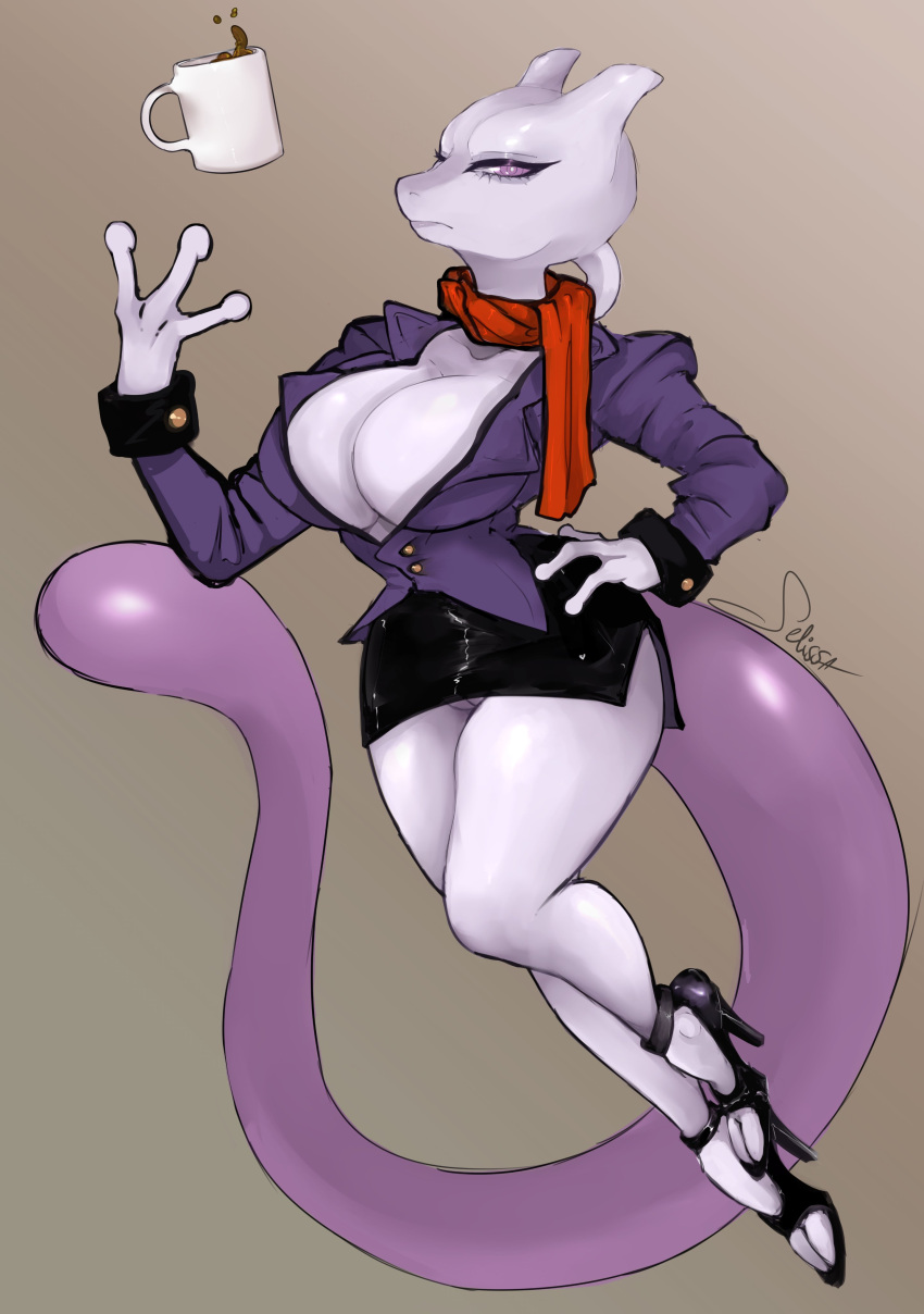 3_fingers absurd_res anthro barely_visible_genitalia barely_visible_pussy beverage big_breasts bottomwear breasts clothed clothing coffee coffee_mug female female_mewtwo fingers footwear generation_1_pokemon genitals hi_res high_heels legendary_pokemon mew_tuely_(fan_character) mewtwo milftwo nintendo no_panties no_underwear pokemon pokemon_(species) purple_eyes pussy pussy_slip scarf selissa skirt solo