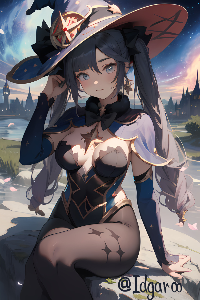 ai_generated black_hair genshin_impact hand_on_head hat idgaroo long_hair looking_at_viewer mihoyo mona_(genshin_impact) outdoors pantyhose sky stable_diffusion witch_hat