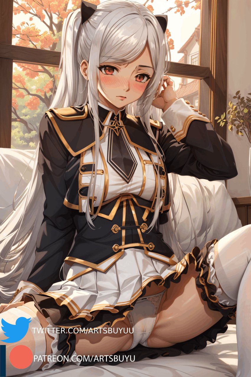 1girls ai_generated alexia_midgar artsbuyu blush cameltoe embarrassed female female_only hair_ribbon hi_res kage_no_jitsuryokusha_ni_naritakute! legwear long_hair looking_at_viewer medium_breasts panties red_eyes school_uniform sidelocks skirt solo spread_legs stable_diffusion the_eminence_in_shadow thighhighs twintails uniform white_hair white_legwear white_panties white_thighhighs