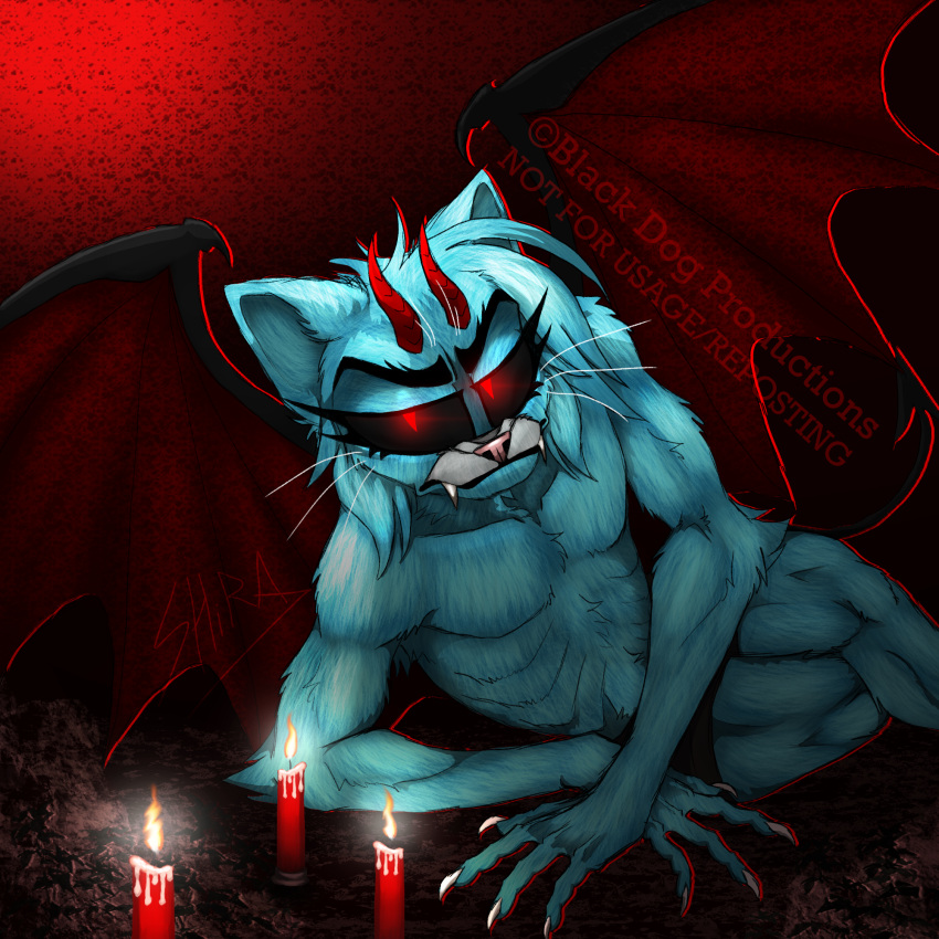 alternate_universe anthro blackdogproductions_(artist) blue_fur blue_hair candles claws demon demon_girl feline female female_focus flat_chested glaring glowing glowing_eyes lucicole_(au) muscles nicole_watterson no_nipples pinup pinup_pose red_background red_candles red_horns signature succubus the_amazing_world_of_gumball toned toned_female topless_female underwear watermark whiskers wings