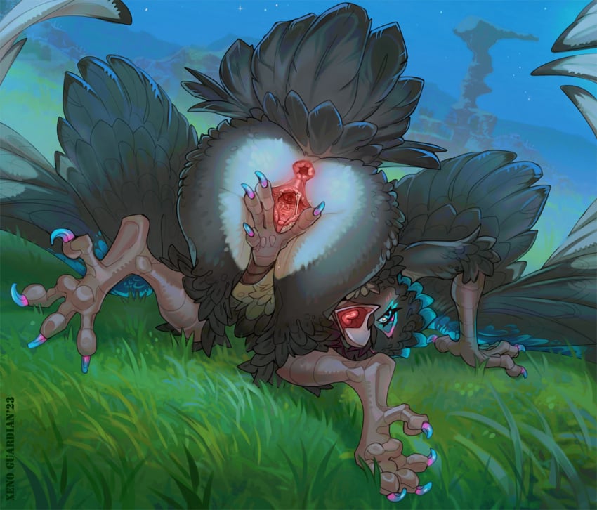 all_fours anthro anus avian avian_arms avian_feet avian_wings bird bodily_fluids breath_of_the_wild cervix colored_nails corvid corvidae detailed_background feathers female genital_fluids genitals grass grass_field inviting_to_sex jykinturah_(character) looking_at_viewer looking_back looking_back_at_viewer magpie_(corvid) makeup nails night nintendo nude on_ground oscine outdoor_nudity outside passerine pink_anus pink_pussy plant presenting presenting_pussy pussy pussy_juice rito_village solo spread_legs spread_pussy spreading tail_feathers the_legend_of_zelda wings xenoguardian