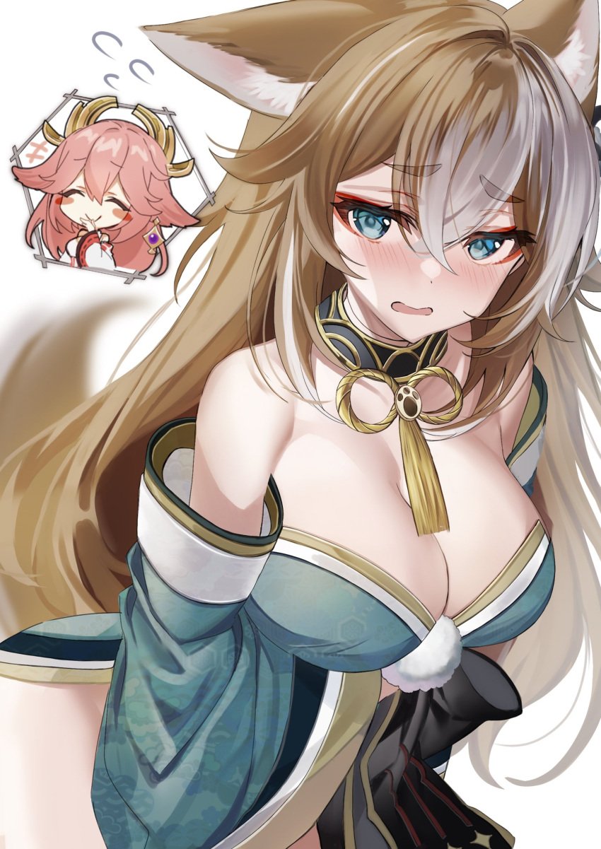 2girls animal_ears bare_shoulders big_breasts blue_eyes blush breasts busty cleavage dog_ears dog_girl female female_focus female_only genderswap_(mtf) genshin_impact gorou_(genshin_impact) large_breasts long_hair ms_hina_(genshin_impact) multiple_girls rule_63 yae_miko