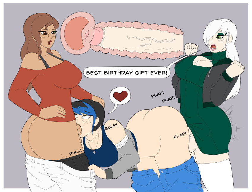 1girls 2futas ass athorment athorment_oc big_ass birthday_sex black_hair bottomless breasts brown_hair cleavage clothed clothed_sex clothing dark-skinned_futanari dialogue english english_dialogue english_text erection evelyn_(athorment) evelyn_(athorment)_(futa) evelyn_mirage_(athorment) fellatio female futa/futa/female futa_on_female futanari glasses human interracial intersex/female jade_(raindle) jade_angevine_(raindle) latina latina_futa light-skinned_female light-skinned_futanari light_skin lipstick long_hair luna_(luna) mostly_clothed oral partially_clothed penis raindle_oc sex short_hair spitroast standing text threesome vaginal_insertion vaginal_penetration vaginal_sex veiny_penis white_hair x-ray