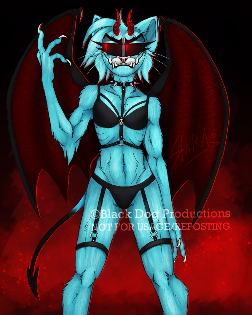 alternate_universe anthro black_background black_bra black_legwear black_panties blackdogproductions_(artist) blue_fur blue_hair claws demon dominatrix fangs feline female female_focus forked_tail glowing_eyes lucicole_(au) muscles nicole_watterson red_background red_eyes red_horns red_wings signature skull_head spiked_collar succubus the_amazing_world_of_gumball toned toned_female watermark whiskers wings