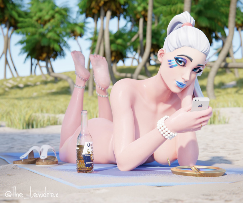 1girls 3d apple ark_(fortnite) beach big_breasts black_hair blender blue_lipstick blue_makeup breasts completely_nude completely_nude_female corona_(beer) epic_games female female_focus female_only flower flower_in_hair fortnite fortnite:_battle_royale highres holding holding_phone iphone laying_down lewdrex light-skinned_female light_skin long_hair looking_at_viewer makeup nose_piercing nude nude_female oil oiled oiled_skin oily on_stomach outdoors outside phone piercing pose posing presenting shiny shiny_skin solo solo_focus watermark