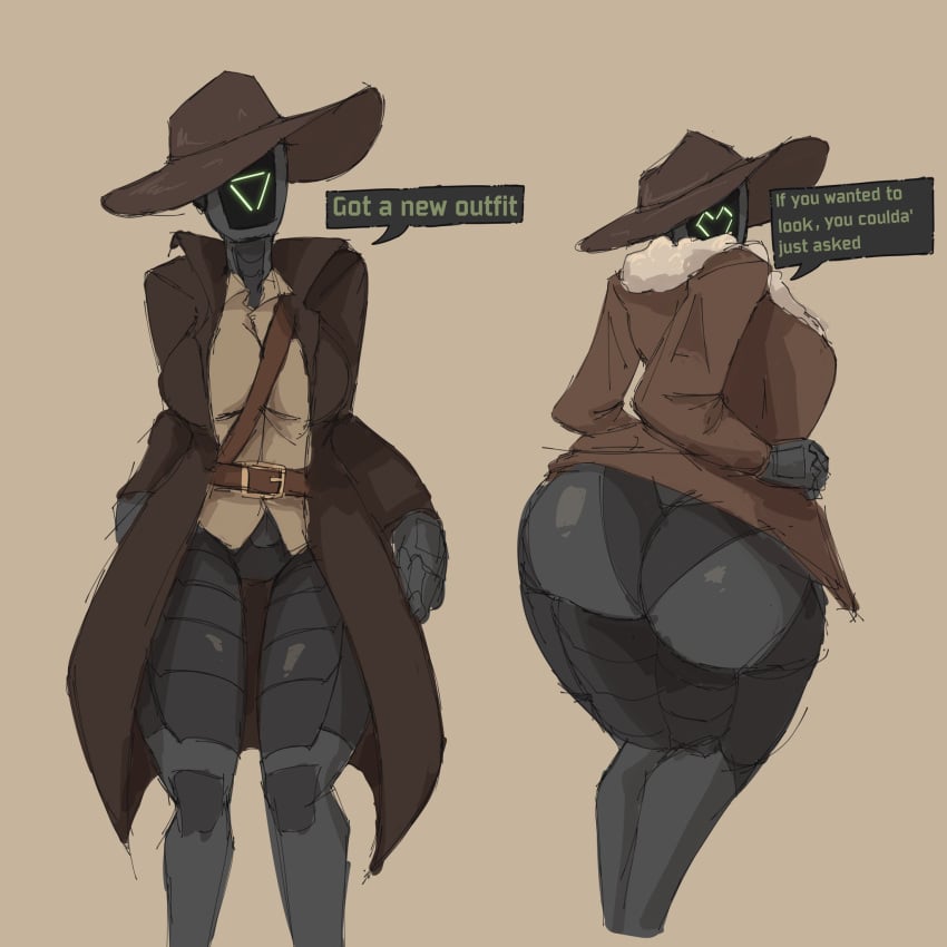 2d bottomless breasts bubble_butt coat cowboy_hat crowsdome female female_focus female_only hat heart large_breasts original original_character presenting_ass robot robot_girl robot_humanoid tan_background text text_bubble thick_thighs