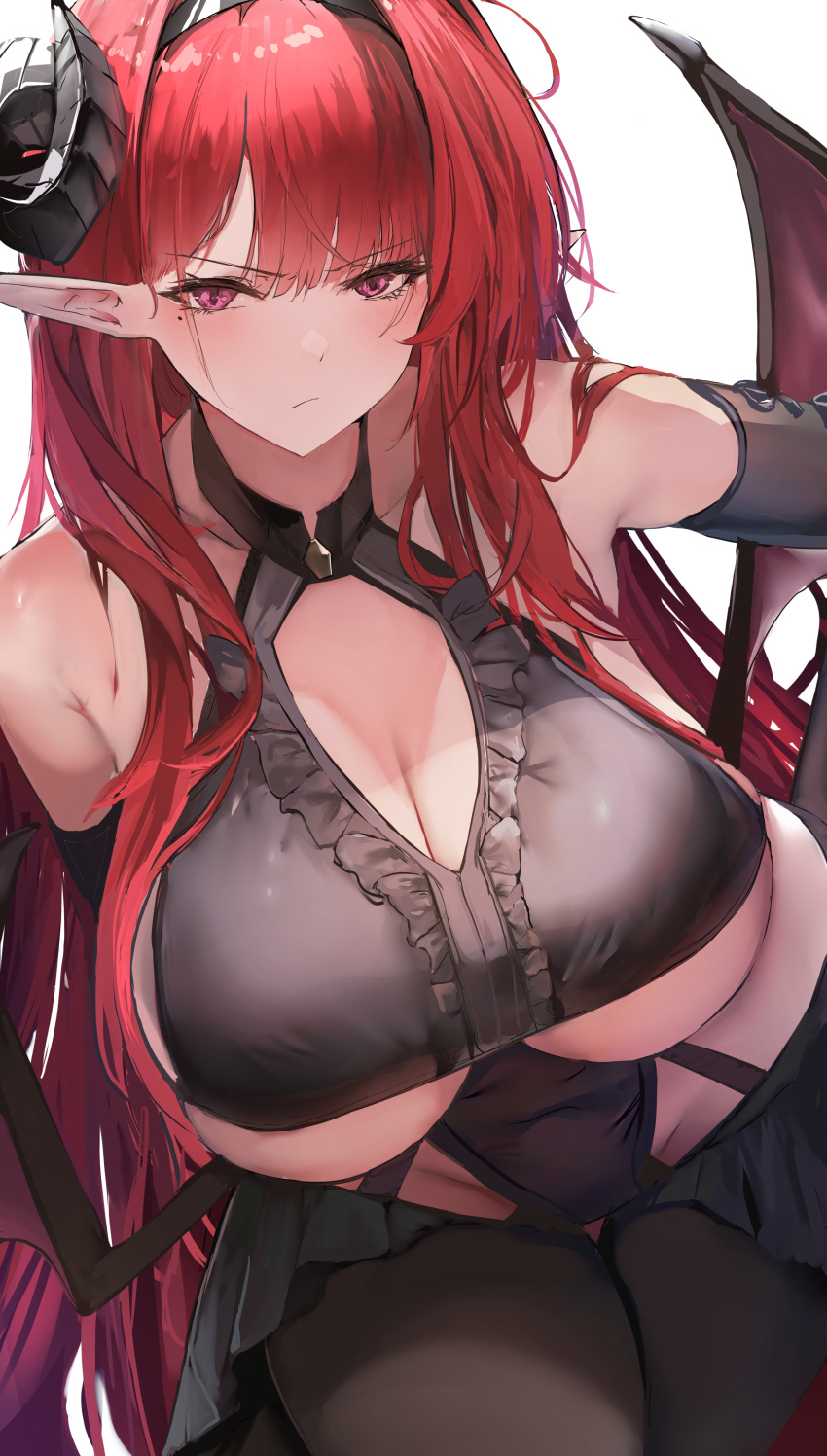 1girls azur_lane black_gloves breasts cleavage clothed clothing female female_only gloves hindenburg_(azur_lane) horns huge_breasts iron_blood_(azur_lane) liaowen light-skinned_female light_skin looking_at_viewer pink_eyes pointy_ears red_hair solo underboob wings