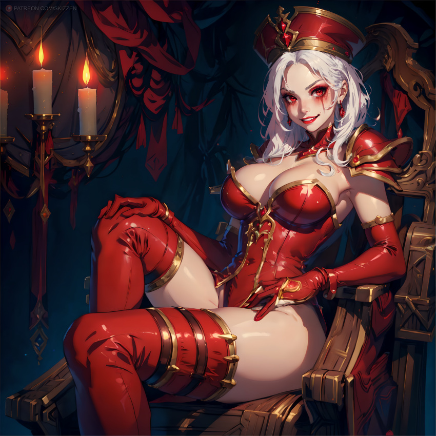 ai_generated armored_female breasts gloves leotard lipstick priest priestess red_clothing red_eyes red_lipstick sally_whitemane scarlet_crusade scarlet_monastery sitting_on_chair skizzen smile spandex spandex_leotard thighhighs thighs warcraft white_hair world_of_warcraft