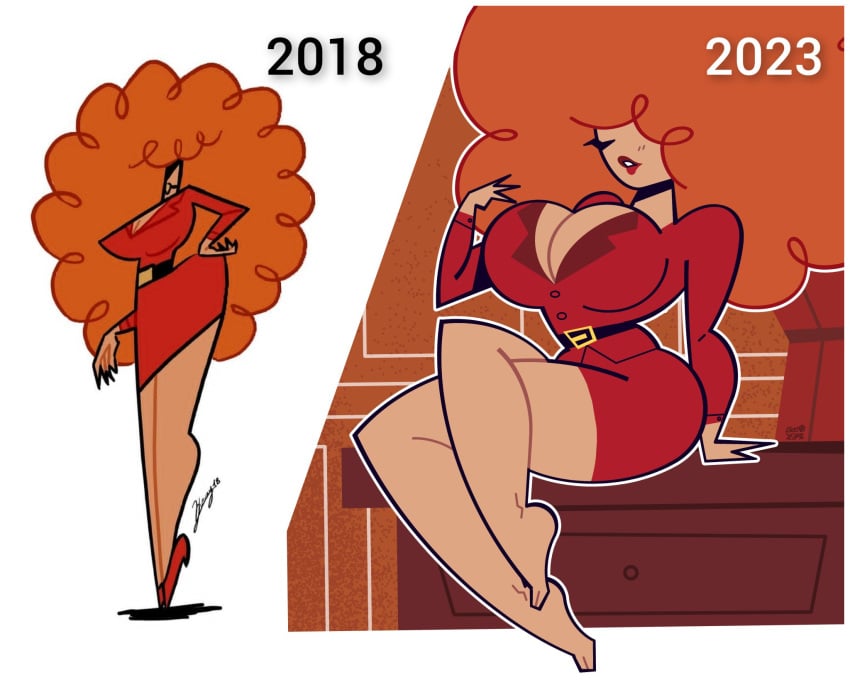 1girls afro art_progression bare_legs big_breasts big_hair breasts busty cartoon_network cleavage closed_eye clothing female female_only goodbyellow hair_over_eyes hair_over_one_eye huge_breasts human orange_hair powerpuff_girls red_dress sara_bellum solo solo_female solo_focus thick_thighs thin_waist