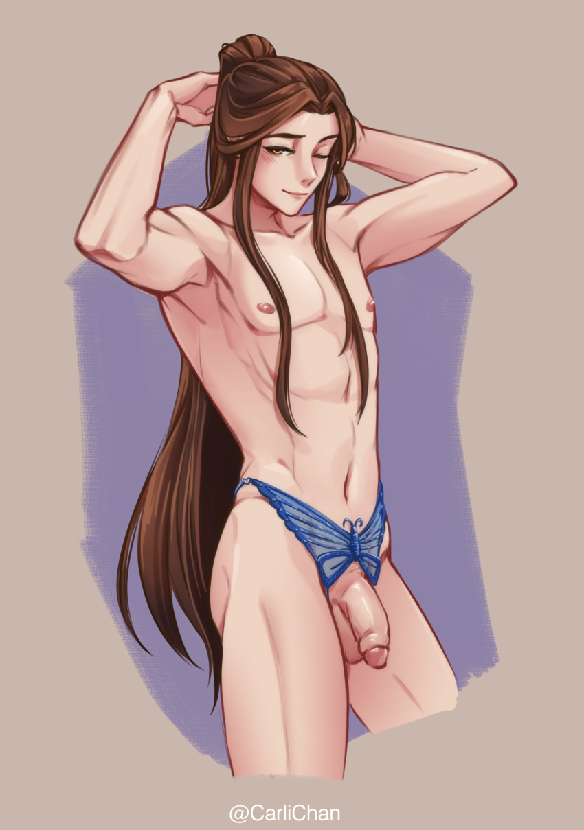 1boy ass big_penis bishonen blue_background blue_panties brown_hair brown_hair_male carlichan exposed_penis femboy flaccid flaccid_penis gray_background heaven_official's_blessing long_hair_male looking_at_viewer male male_only panties partially_clothed penis penis_cutout penis_out smile solo testicles thong tianguan_cifu twink twunk white_skin xie_lian