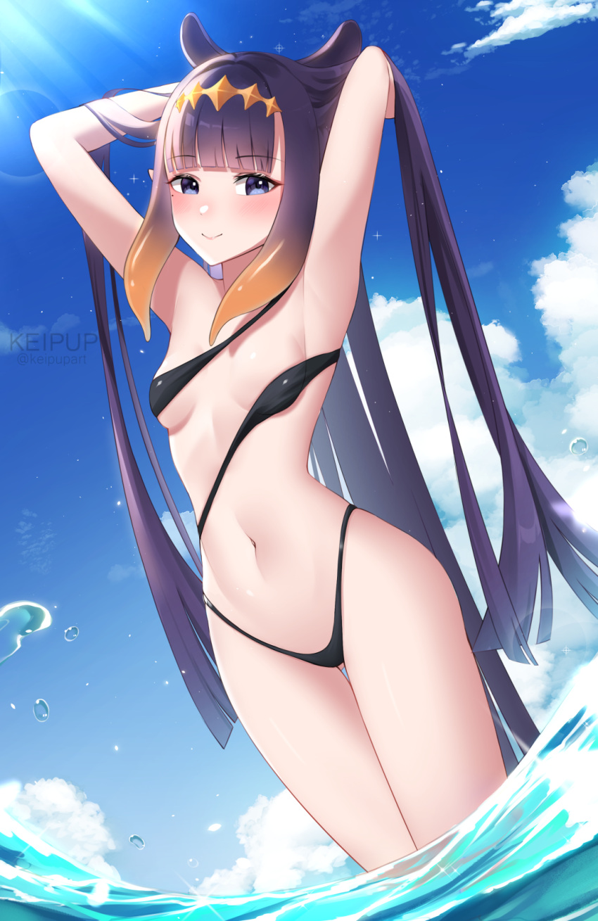 animal_ears armpits arms_up bare_arms bare_legs bare_shoulders bikini blue_eyes blunt_bangs blush breasts breasts_apart collarbone cowboy_shot dutch_angle female flipped_hair headpiece highleg highleg_bikini highres hololive hololive_english hololive_myth keipup long_hair looking_at_viewer narrow_waist navel ninomae_ina'nis ocean orange_hair purple_hair revealing_clothes sky small_breasts smile summer sunlight swimsuit tentacle_hair thigh_gap very_long_hair virtual_youtuber wading