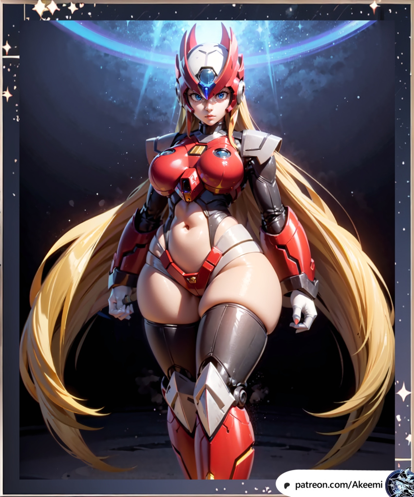 1girls ai_generated akeemi armor blonde_hair blue_eyes female large_breasts long_hair mega_man mega_man_zero red_armor robot rockman rockman_zero rule_63 skimpy solo thick_thighs white_gloves wide_hips zero_(mega_man)