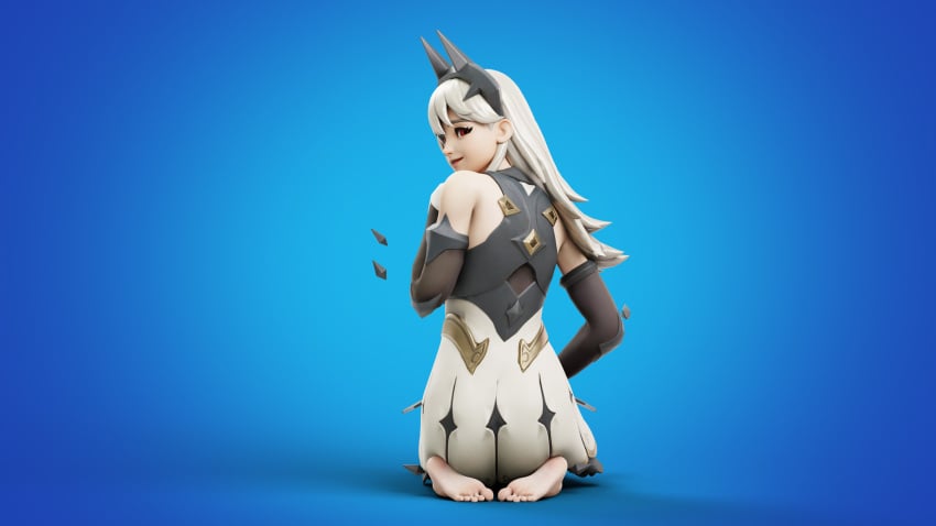 3d 3d_(artwork) blender_(software) blonde_hair dress feet female female_focus female_only fortnite kneeling lexa_(fortnite) neverseenme on_knees pale-skinned_female pale_skin princess_lexa_(fortnite) red_eyes silver_hair sitting smile smiling smirk soles toes white_hair