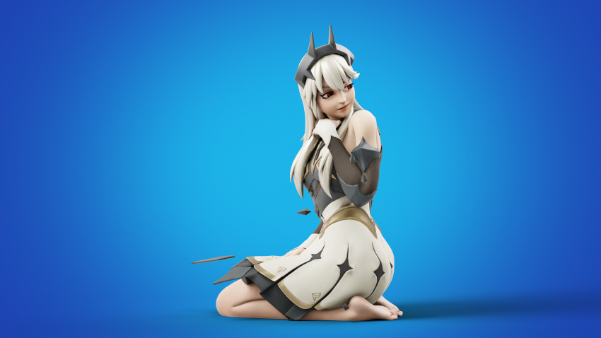 3d 3d_(artwork) blender_(software) blonde_hair dress feet female female_focus female_only fortnite kneeling lexa_(fortnite) neverseenme on_knees pale-skinned_female pale_skin princess_lexa_(fortnite) red_eyes silver_hair sitting smile smiling smirk soles toes white_hair