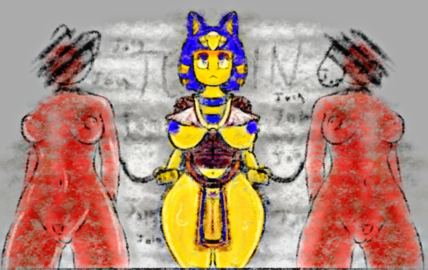 animal_crossing ankha ankha_(animal_crossing) anthro ass big_butt blue_hair blue_nipples bodily_fluids bottomwear breasts canid canine canis clothing collar domestic_cat domestic_dog egyptian faceless_anthro faceless_character faded_effect felid feline felis female female/female femdom fur genitals gold gold_(metal) gold_jewelry group hair hi_res ineffective_clothing jewelry jojispoon88 leash loincloth mammal nintendo nipples nude nude_anthro oiled_body propaganda pubes pubic_fuzz red_body red_clothing red_fur servant sweat thick_thighs trio yellow_body yellow_fur