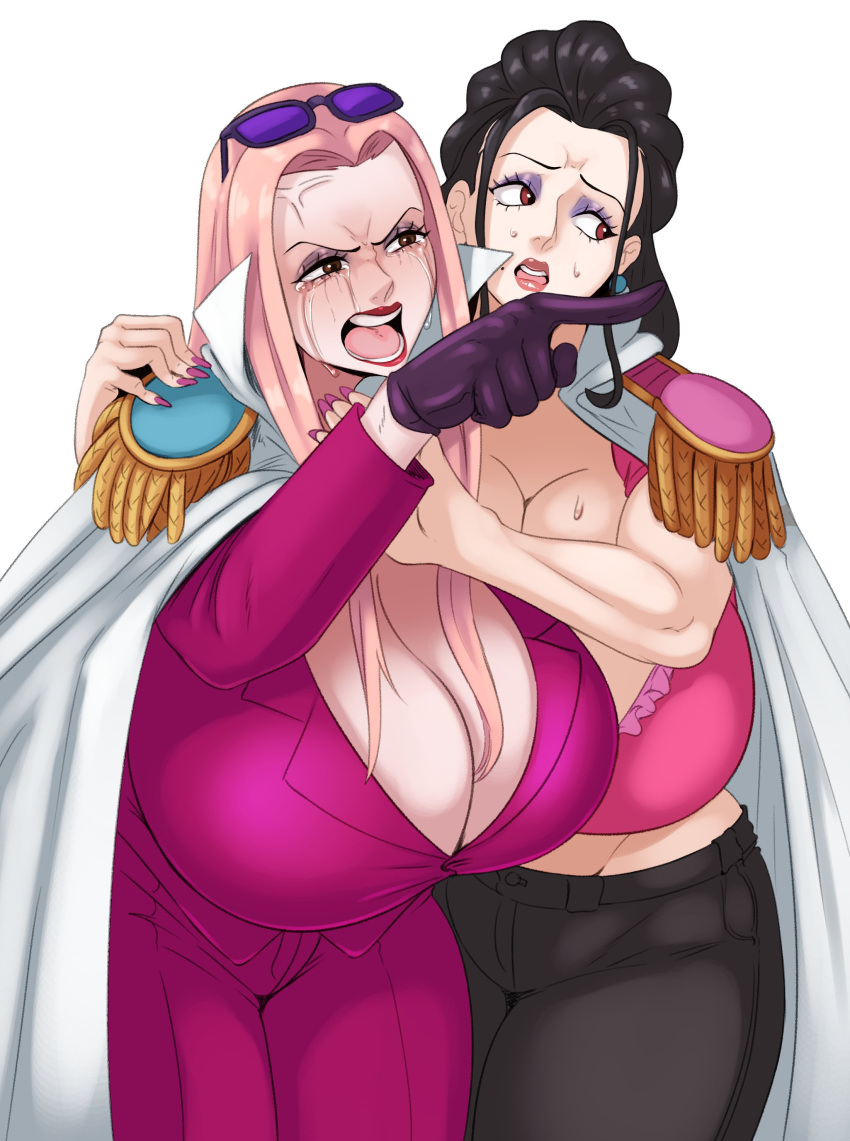 2girls big_breasts black_hair breasts cleavage crying female female_only gion hina_(one_piece) huge_breasts large_breasts marines meme one_piece pink_hair pointing shounen_jump sunnysundown white_background