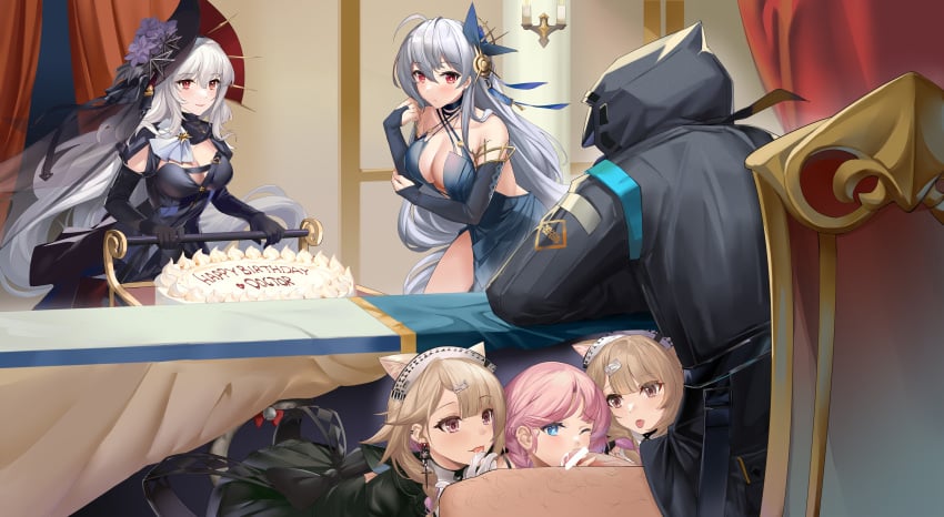 1boy 463_jun 5girls absurdres animal_ears arknights birthday_cake black_gloves blue_poison_(arknights) breasts cake cat_ears cleavage doctor_(arknights) elbow_gloves fellatio fffm_foursome food foursome gloves grey_hair hair_ornament hairclip happy_birthday hat highres kazemaru_(arknights) light-skinned_female light-skinned_male light_brown_hair light_skin maid_headdress multiple_girls oral pink_hair purple_eyes red_eyes sitting skadi_(arknights) specter_(arknights) under_the_table white_hair