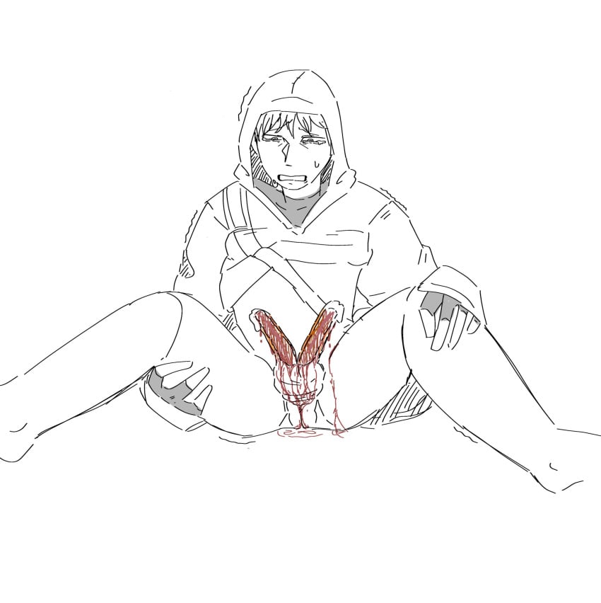 1boy blood cry_of_fear crying gore guro hood_up hoodie legs_spread minkaz_ scared scared_expression scared_shitless shaking simon_henriksson sketch solo tears tears_in_eyes tears_of_pain white_background