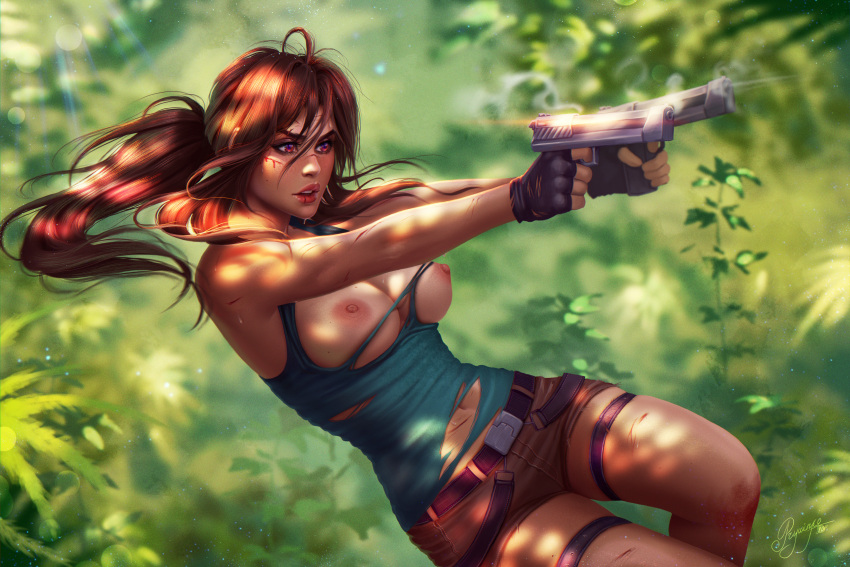 absurd_res action_pose alternate_version_available areolae bleeding blood brown_eyes brown_hair clothing clothing_damage cuts embracer_group fingerless_gloves gun guns highres jungle lara_croft lara_croft_(classic) large_breasts lens_flare messy_hair nipples plant plants ponytail prywinko pussy ripped_clothes ripped_clothing ripped_tank_top shaved_pussy solo solo_female solo_focus tagme thigh_strap tomb_raider tree trees