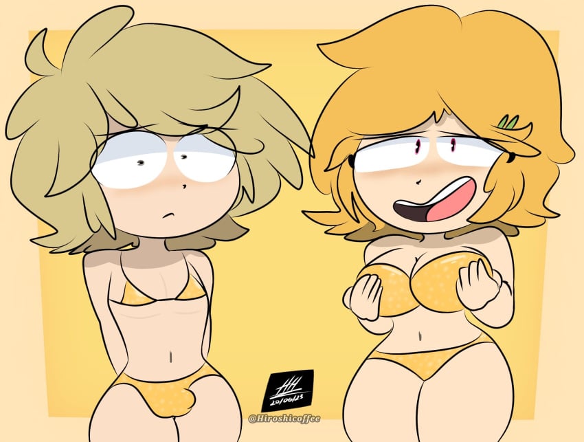 ann_(fnafhs) ann_chica_(fnafhs) bikini blonde_hair blush bulge chica_(fnafhs) crossdressing embarrassed femboy fhs fhsz3r0 fnafhs fnafhs_z3ro fnafhsrule34 golden_(fnafhs) golden_bikini hiroshi_coffee