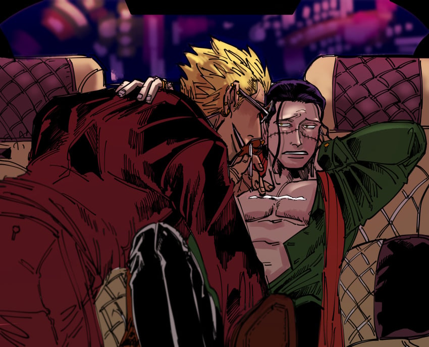 2boys black_hair blonde_hair business_suit car car_interior cocaine cocaine_line donquixote_doflamingo drugs facial_scar fully_clothed gay hook_hand line male male_only one_piece open_shirt pixiv sir_crocodile suit sunglasses unbuttoned unbuttoned_shirt yaoi zyonnnnn