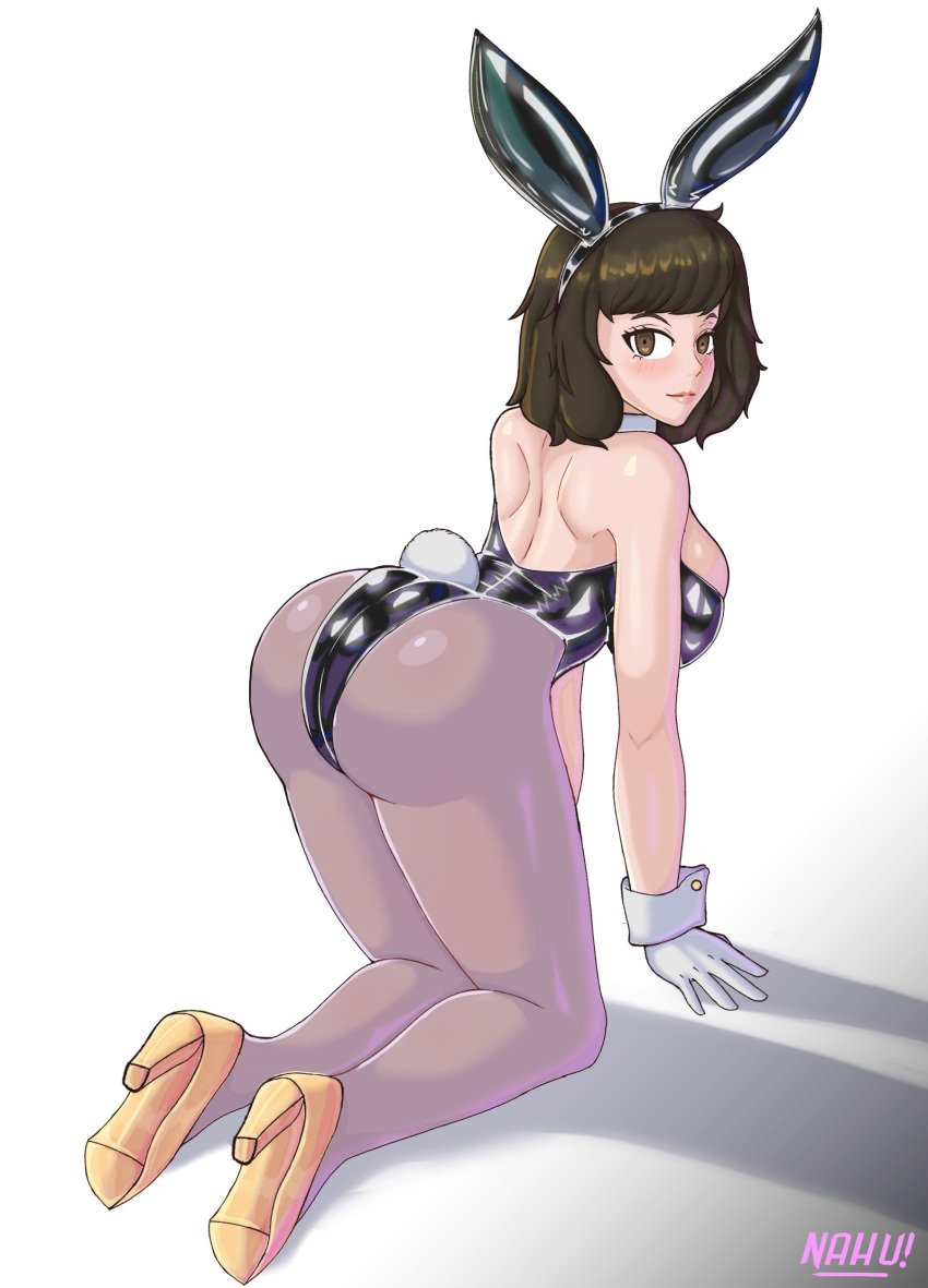 1girls ass atlus backboob bent_over big_ass big_breasts black_bunnysuit blush breasts brown_eyes brown_hair bunny_ears bunny_tail bunnysuit fake_animal_ears fake_tail female female_only heels high_heels huge_ass leggings lips looking_back mature mature_female mature_woman nahusmash persona persona_5 sadayo_kawakami solo solo_female tail