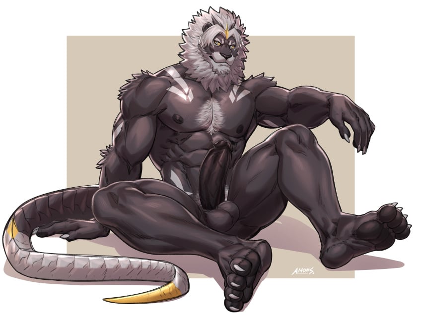 4_toes 5_fingers abs absurd_res amon-sydonai anthro arm_tuft balls biceps black_body black_nose body_hair chest_hair claws dark_body erection feet felid fingers fur genitals grey_hair hair hairy head_tuft hi_res hindpaw humanoid_genitalia humanoid_penis hybrid hybrid_tail lion looking_at_viewer male mammal marbas markings muscular muscular_anthro muscular_male muscular_thighs nails nipples nude pantherine paws pecs penis pubes pupils serratus sharp_claws sharp_nails simple_background sitting slit_pupils solo tail toes triceps tuft watermark yellow_sclera