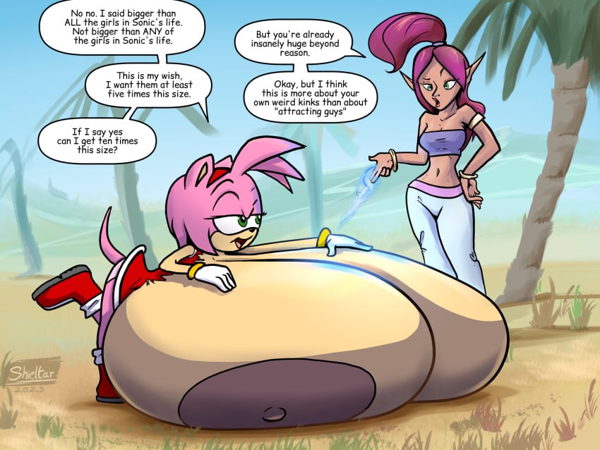 2girls alternate_breast_size amy_rose anthro areolae boots bracelet breast_expansion breasts breasts_bigger_than_head breasts_on_floor dark-skinned_female dark_skin english_text expansion exposed_breasts female female_focus female_only furry genie gloves green_eyes hairband hedgehog hedgehog_humanoid hips huge_breasts hyper hyper_breasts large_breasts nipples panties pink_hair purple_hair sega shahra shieltar sonic_(series) sonic_and_the_secret_rings sonic_the_hedgehog_(series) text text_bubble thighs underwear