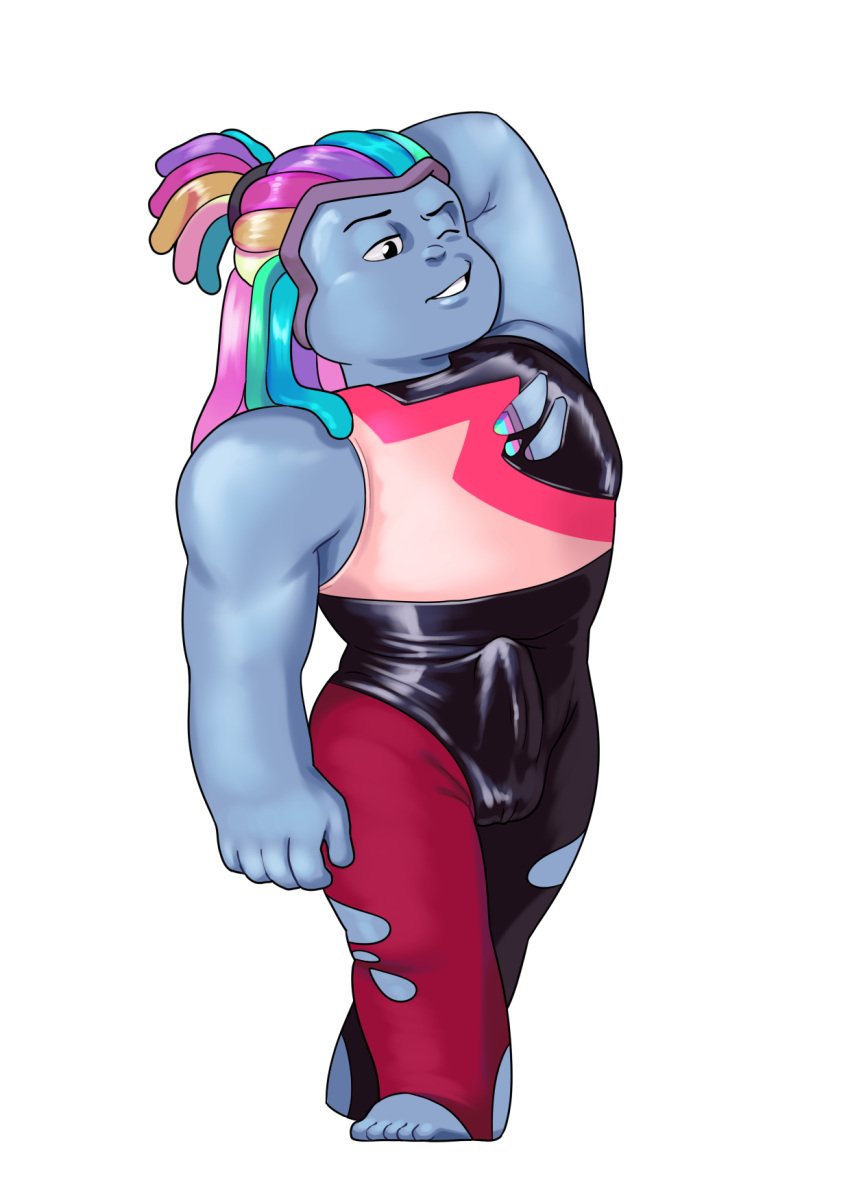 1futa 2023 adavel alternate_version_available balls barefoot big_penis bismuth_(steven_universe) blue_skin bulge bulge_through_clothing cartoon_network clothed clothing color commission dreadlocks erection fully_clothed futa_only futanari gem_(species) hi_res humanoid humanoid_penis intersex latex latex_bodysuit muscular muscular_female penis pinup rainbow_hair ripped_bodysuit ripped_clothing smug solo standing steven_universe