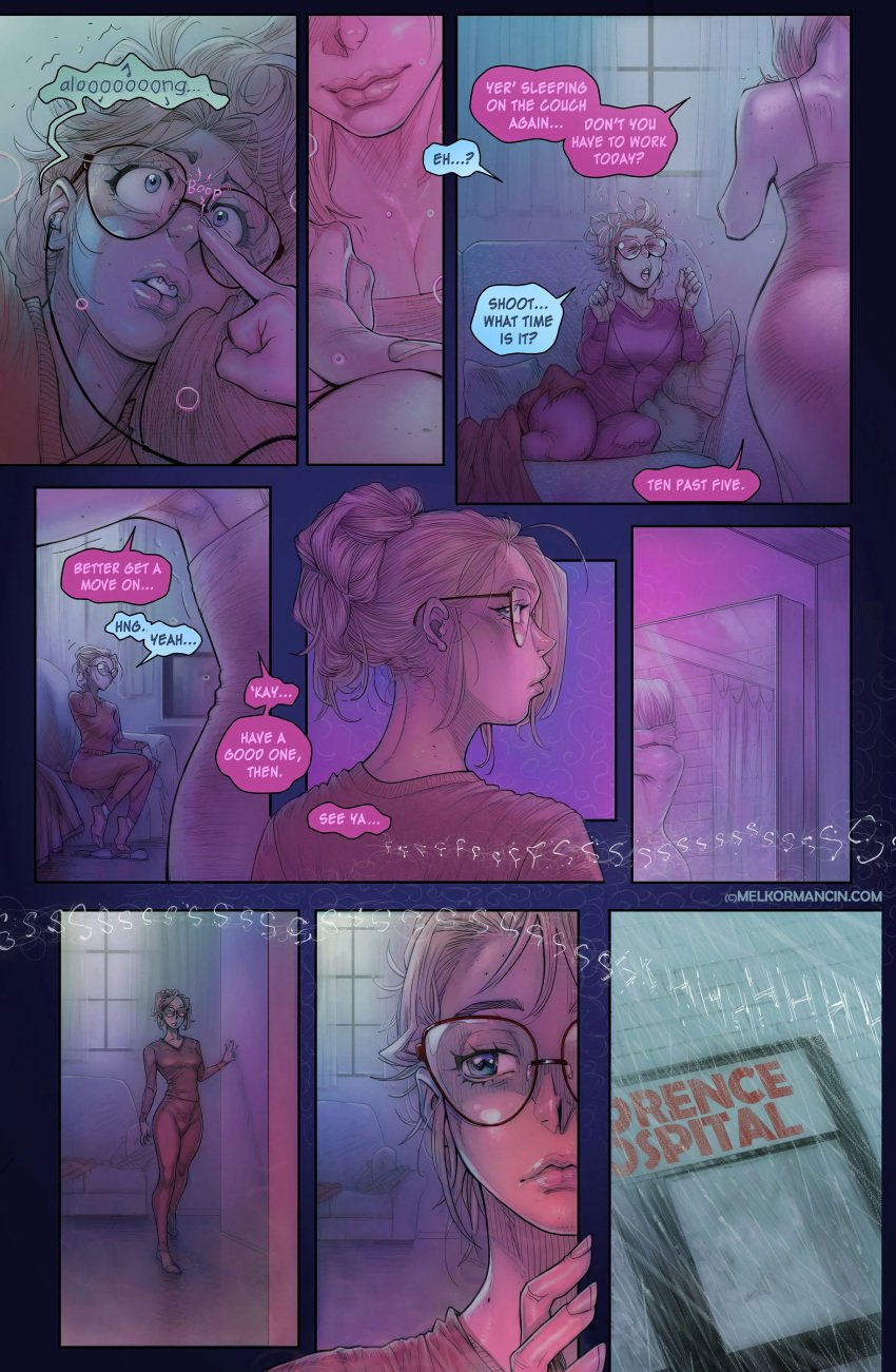 2girls boop braces comic comic_page glasses hairbun hospital melkor_mancin messy_hair morgan_(melkormancin) multiple_girls original original_character pajamas rain red_hair shower tagme wake_up