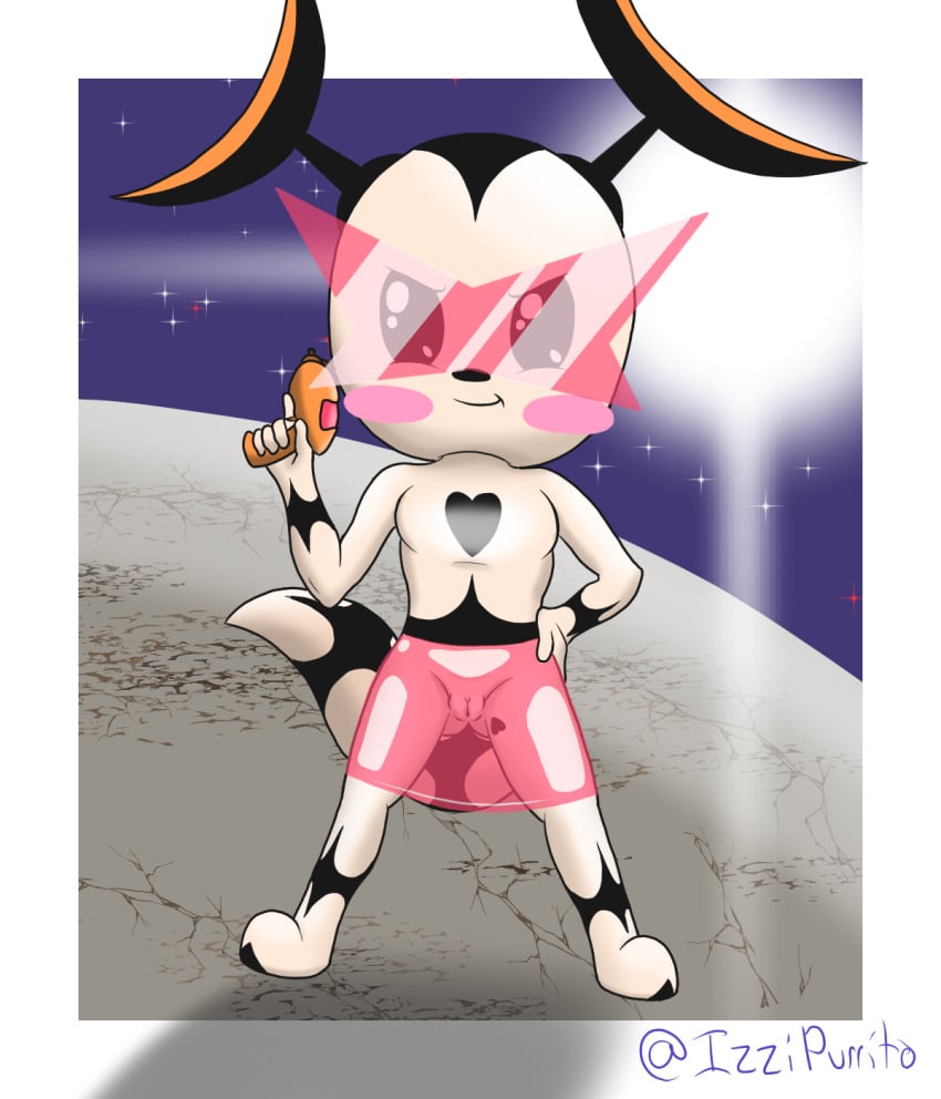 anthro blush ele_chan eleking female genitals heroic_pose hi_res humanoid izzipurrito kaiju markings mostly_nude planet plasma_gun pussy solo space spacesuit spread_legs spreading star tagme visor wide_stance