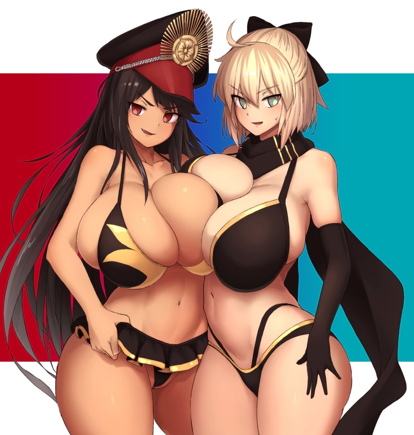 16.6_(artist) 2girls alternate_breast_size bikini black_hair breasts bursting_breasts cleavage elbow_gloves fate/grand_order fate_(series) hat huge_breasts koha-ace long_hair looking_at_viewer makino_momiji_(artist) navel oda_nobunaga_(fate) okita_souji_(fate)_(all) red_eyes scarf smile swimsuit thick_thighs thighs xyv_1