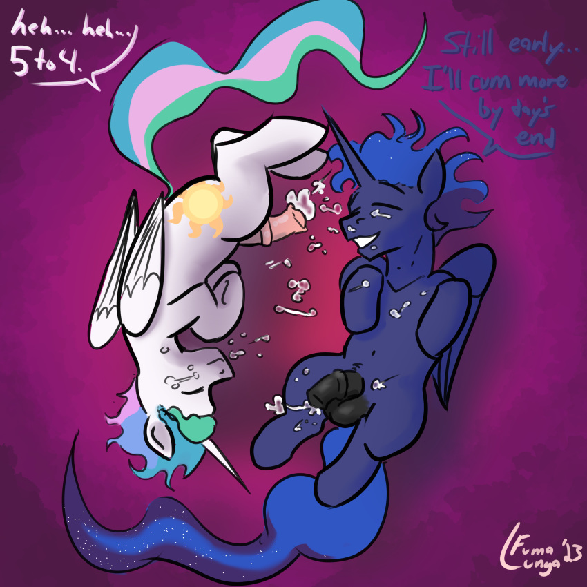 2023 absurd_res alicorn animal_genitalia animal_penis balls blue_body blue_feathers blue_fur blue_hair blue_mane blue_tail bodily_fluids brother_(lore) brothers_(lore) closed_eyes cum cum_on_body cum_on_face cutie_mark dated dialogue english_text equid equine equine_genitalia equine_penis feathers feral folded_wings friendship_is_magic ftm_crossgender fumalunga fur genderswap_(ftm) genital_fluids genitals green_hair green_mane green_tail hair hasbro hi_res horn male male/male mammal mane multicolored_hair multicolored_mane multicolored_tail my_little_pony penis pink_hair pink_mane pink_tail prince_artemis_(mlp) prince_solaris_(mlp) princess_celestia_(mlp) princess_luna_(mlp) purple_hair purple_mane rule_63 sibling_(lore) signature tail text white_body white_feathers white_fur wings