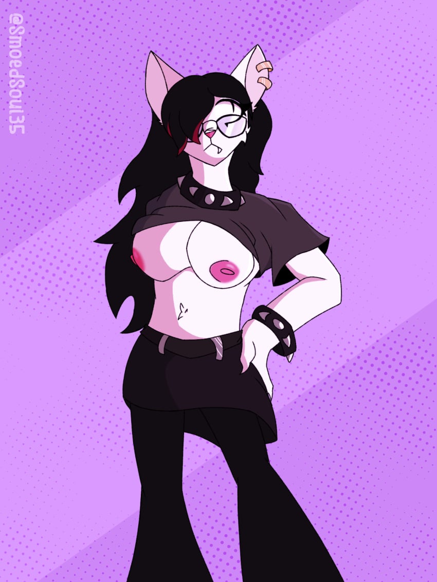 abstract_background anthro areola big_breasts bottomwear breasts clothed clothing clothing_lift collar comission digital_media_(artwork) domestic_cat ear_piercing ear_ring english_text eyewear fan_character felid feline felis female fur genitals glasses goth hair hi_res legwear long_hair mammal nipples pants partially_clothed piercing pose ring_piercing shirt shirt_lift skirt smokedsoul35 solo solo_focus spiked_collar spikes standing text topwear wide_hips