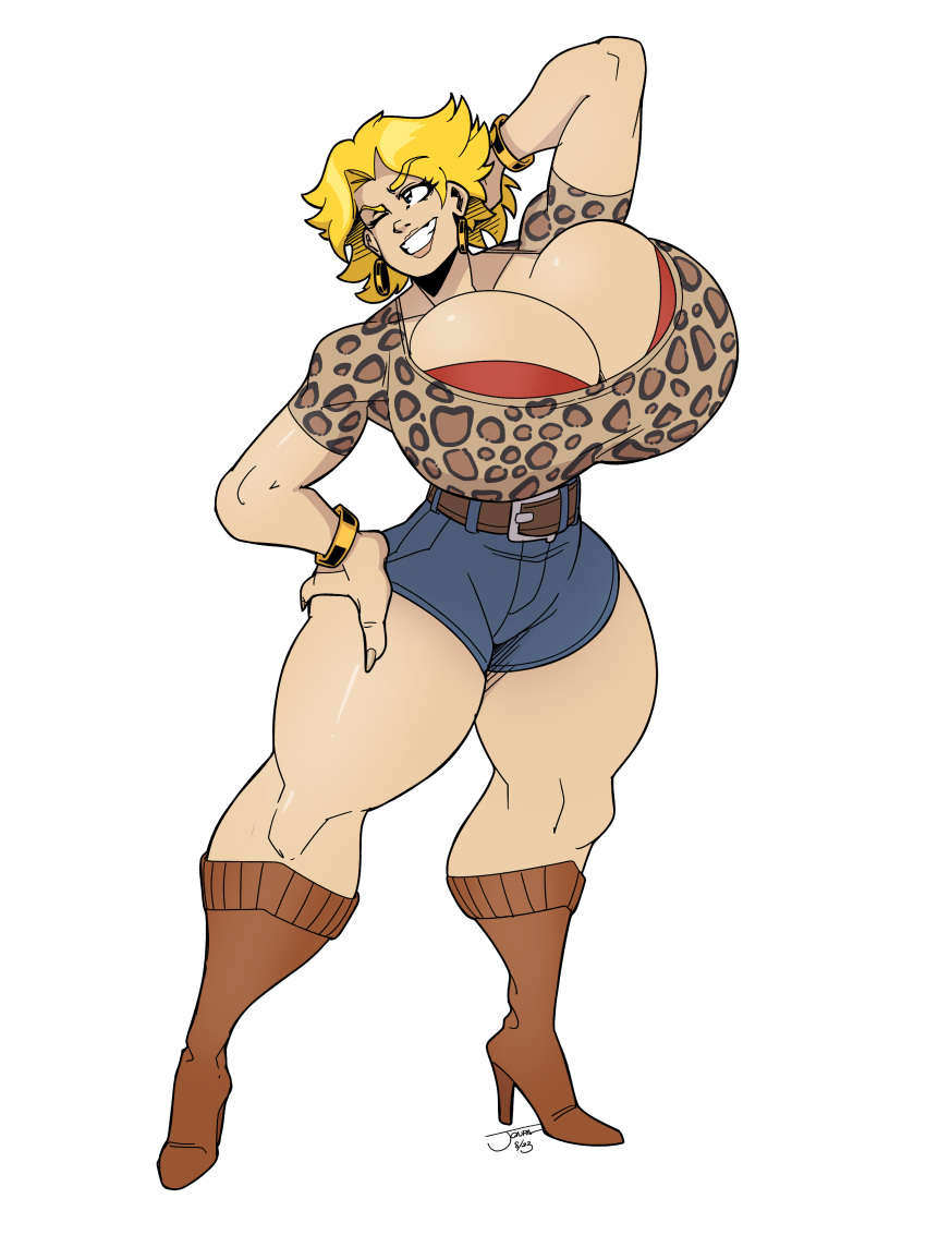 big_breasts blonde_female blonde_hair blonde_hair earrings huge_breasts jewelry jonpadraws kaitlin_(northernjeremiah) leopard_print thick_thighs thin_waist