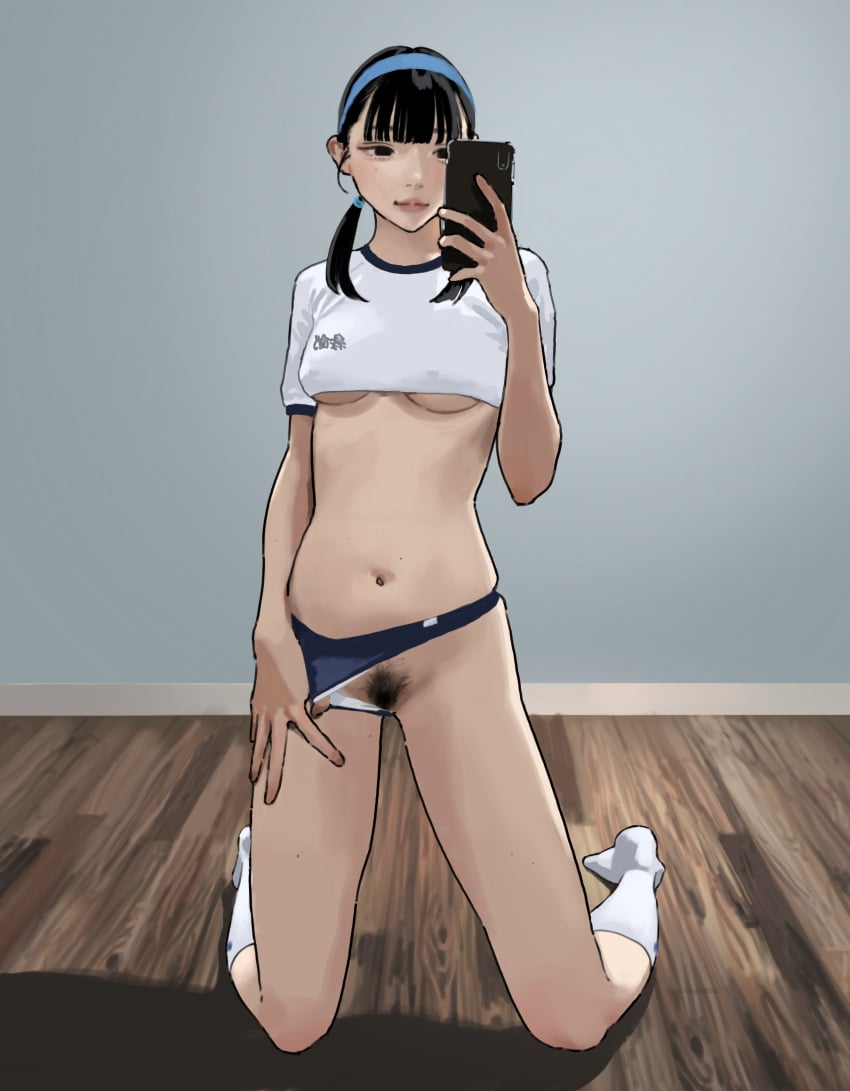 absurdres arm_at_side black_eyes black_hair blue_background blue_buruma blue_hairband blunt_bangs breasts buruma buruma_aside cellphone closed_mouth clothing_aside commentary covered_nipples cropped_shirt cropped_torso facing_viewer female female_only female_pubic_hair full_body gym_shirt gym_uniform hairband hand_up highres hiramedousa holding holding_phone indoors knee_socks kneehighs kneeling kneesocks lips looking_at_phone medium_breasts medium_hair mole mole_on_leg mole_on_stomach mole_under_eye narrowed_eyes navel no_shoes original panties panties_aside phone pubic_hair pulled_by_self pussy revealing_clothes selfie sexting shirt short_sleeves skimpy_clothes smartphone socks solo symbol-only_commentary taking_picture twintails underboob underwear white_panties white_socks wooden_floor