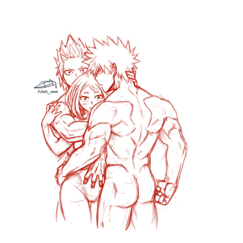 1girls 2boys arm_around_partner bakugou_katsuki boku_no_hero_academia completely_nude deb_amm debby-san eijirou_kirishima female hugging hugging_from_behind katsuki_bakugou kirishima_eijirou male male/female muscles muscular muscular_male my_hero_academia nude nude_male ochako_uraraka polyamory sandwiched spiky_hair threesome uraraka_ochako