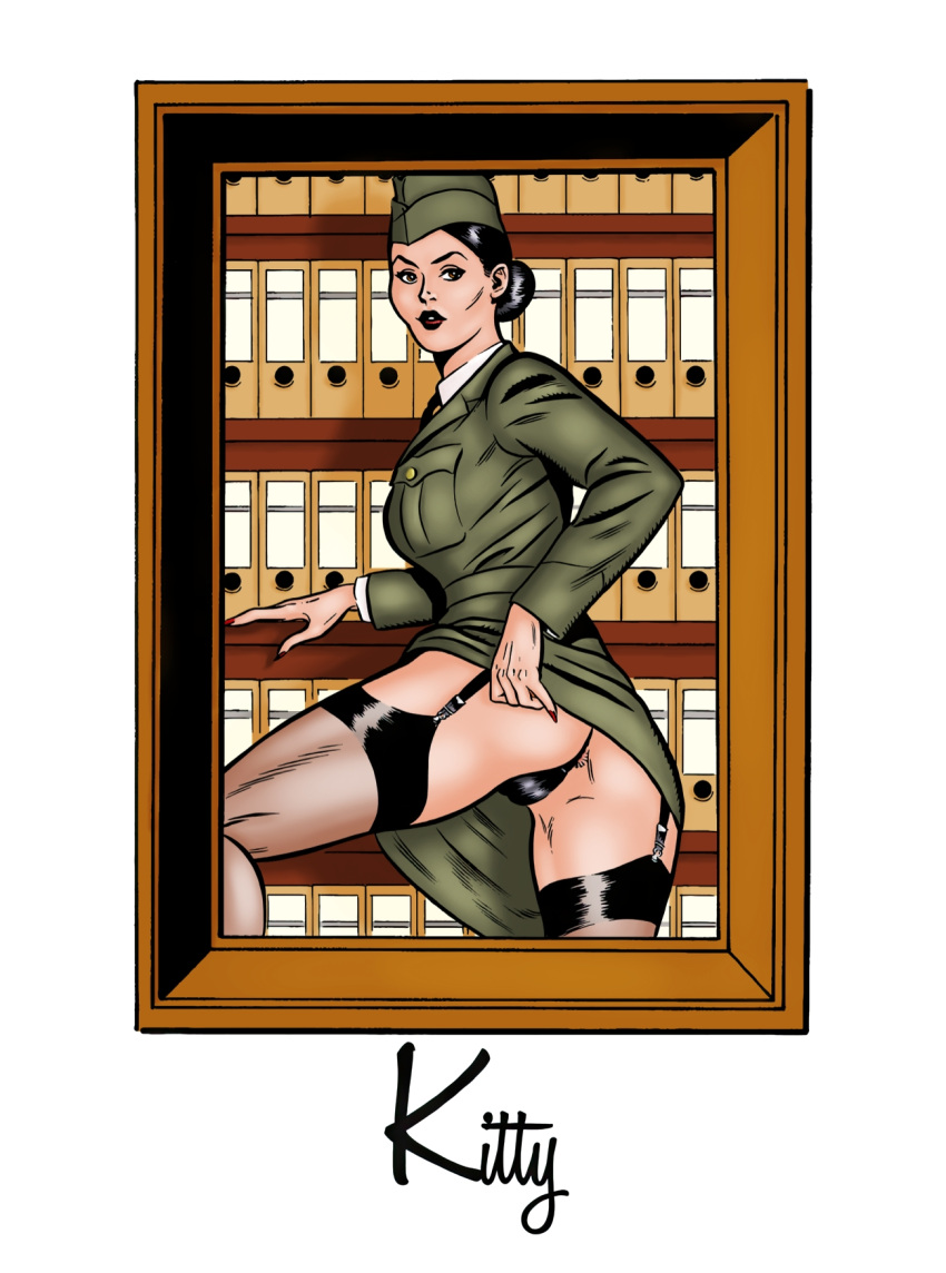 anus black_hair brown_eyes comic female looking_at_viewer looking_back military_uniform nicky presenting presenting_hindquarters stockings teasing uniform upskirt