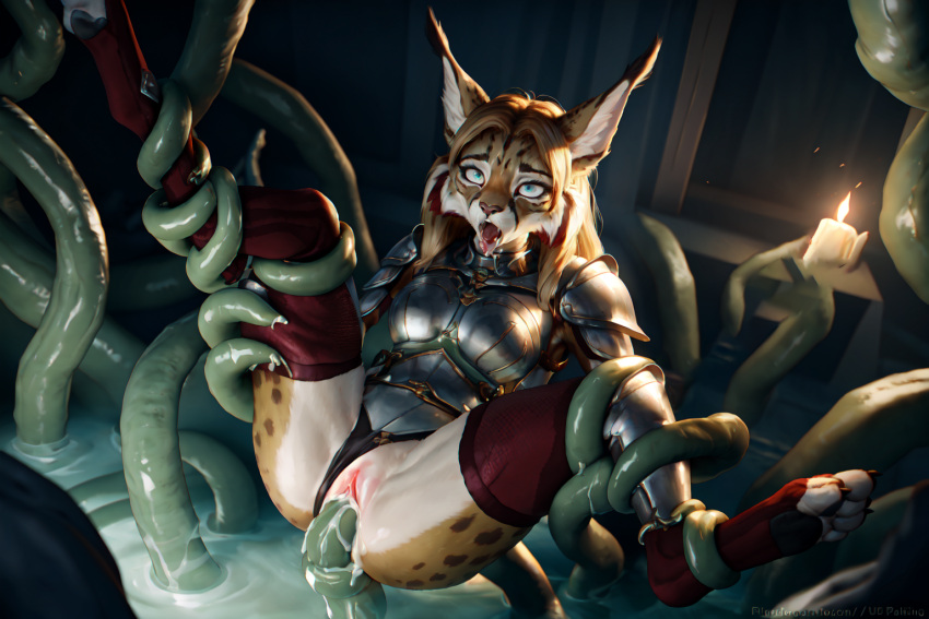 ahe_gao ai_generated anthro armor blonde_fur blonde_hair blue_eyes cum cum_inside defeated defeated_heroine knight leotard leotard_aside lynx pussy pussy_juice rodinsinker spotted_fur stable_diffusion tentacle tentacle_rape thigh_highs tongue tongue_out vaginal_penetration