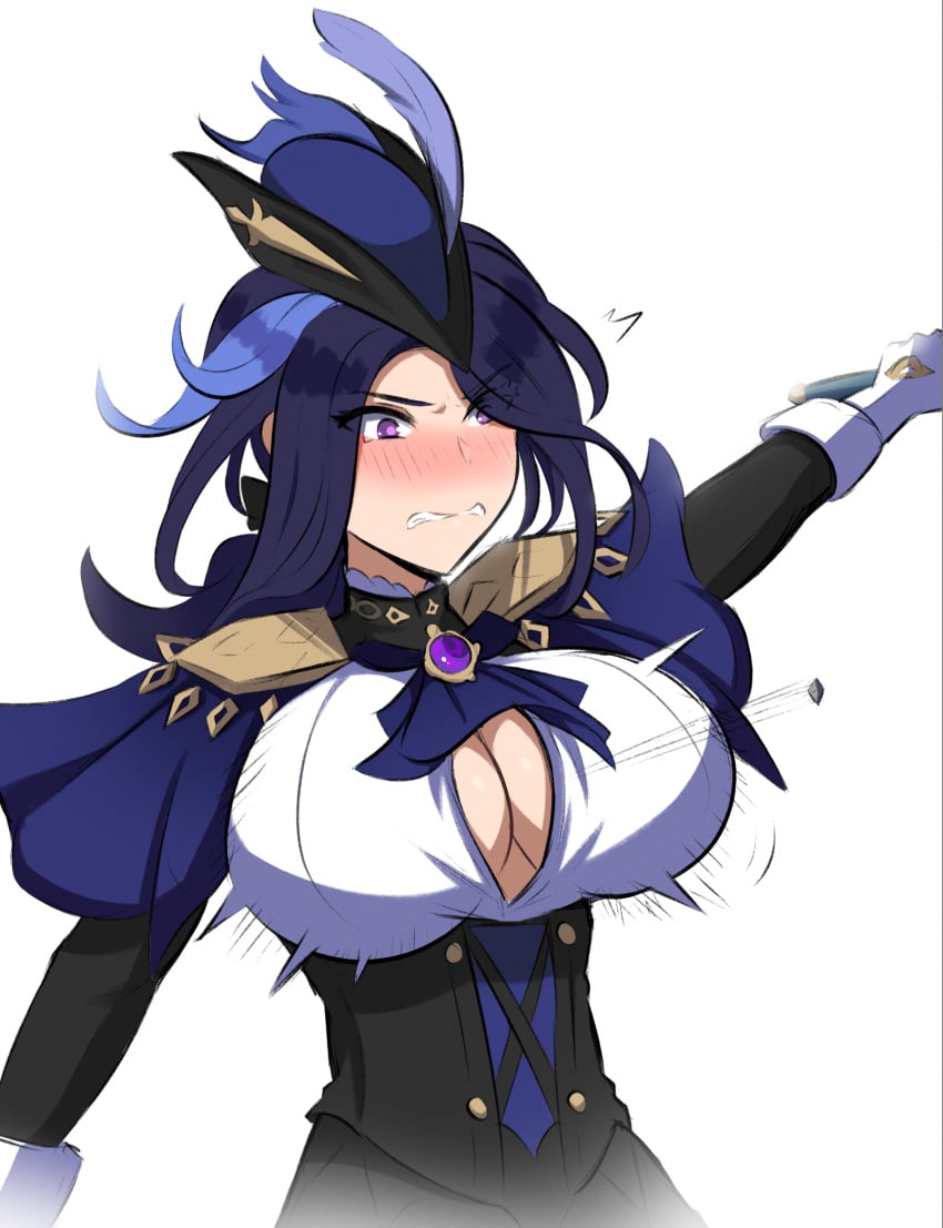 1girls big_breasts blue_hair blush bursting_breasts bursting_buttons busty cleavage clenched_teeth clorinde_(genshin_impact) embarrassed epaulettes genshin_impact large_breasts motion_lines myuw purple_eyes simple_background wardrobe_malfunction white_background